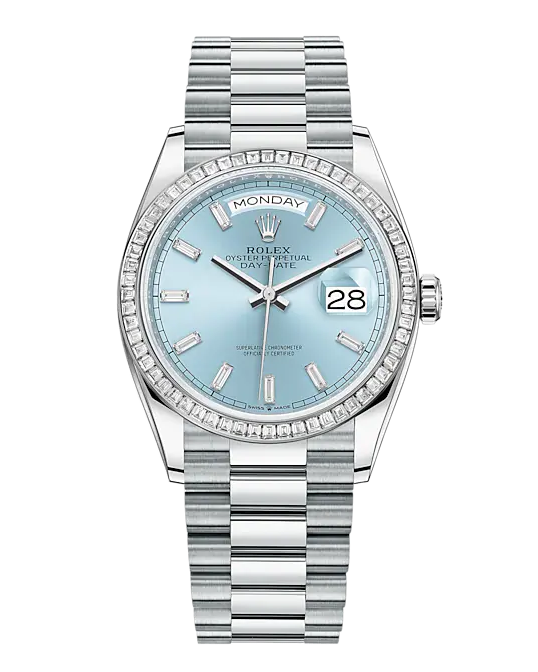 A silver watch with a blue face