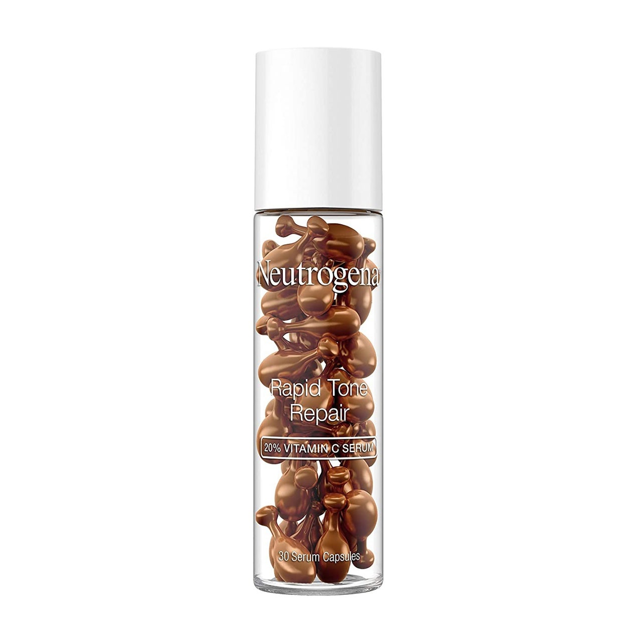 Neutrogena Rapid Tone Repair 20% Vitamin C Brightening Serum Capsules tall transparent jar of bronze capsules with white lid on white background