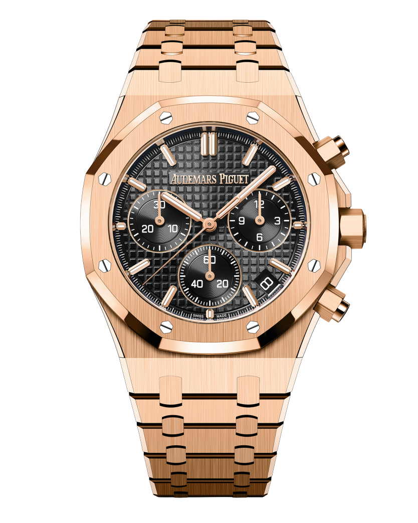 a gold watch with a black face