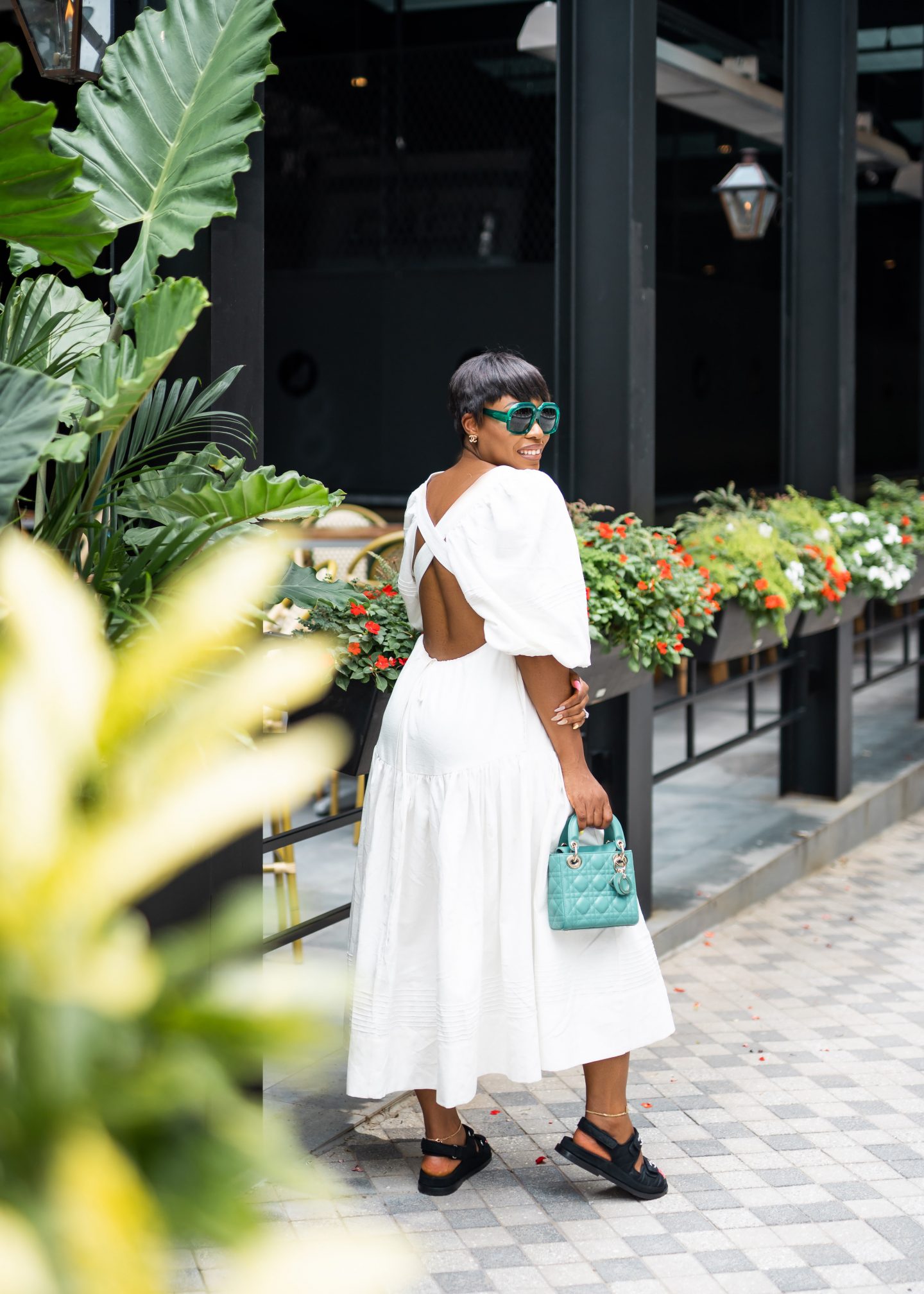 Shona Joy Priscila Pin tuck cross back midi dress-lady dior mini bag