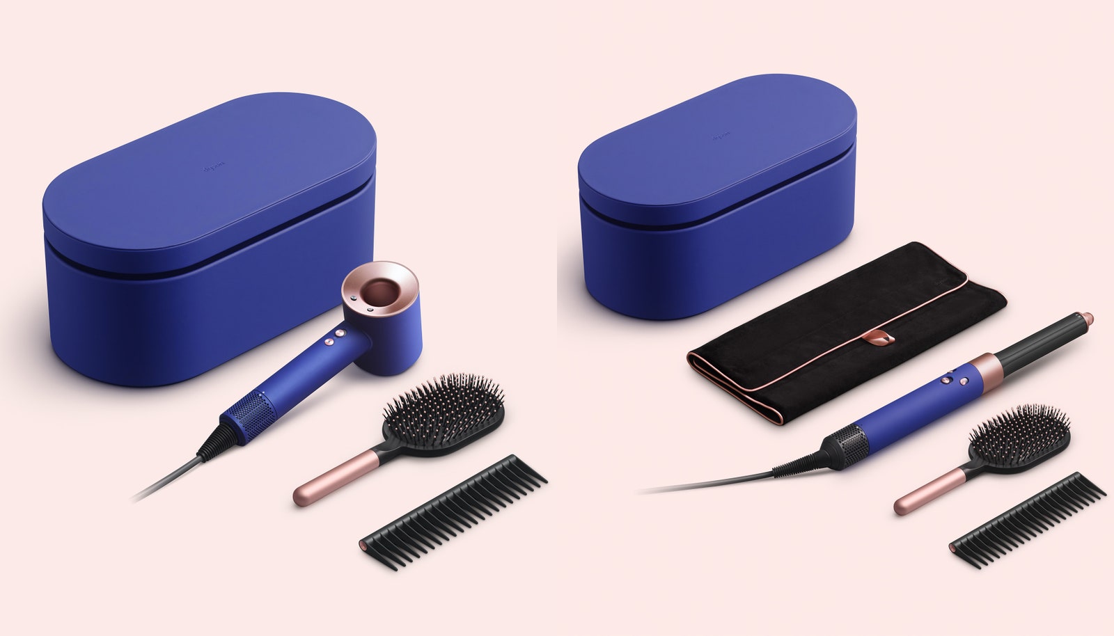 A diptych of Dyson holiday 2022 gifts sets Supersonic  and Airwrap  in vinca blue and ros colorway on light pink background