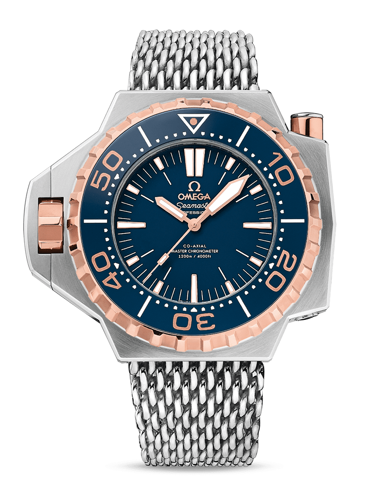 a steel watch with a blue face