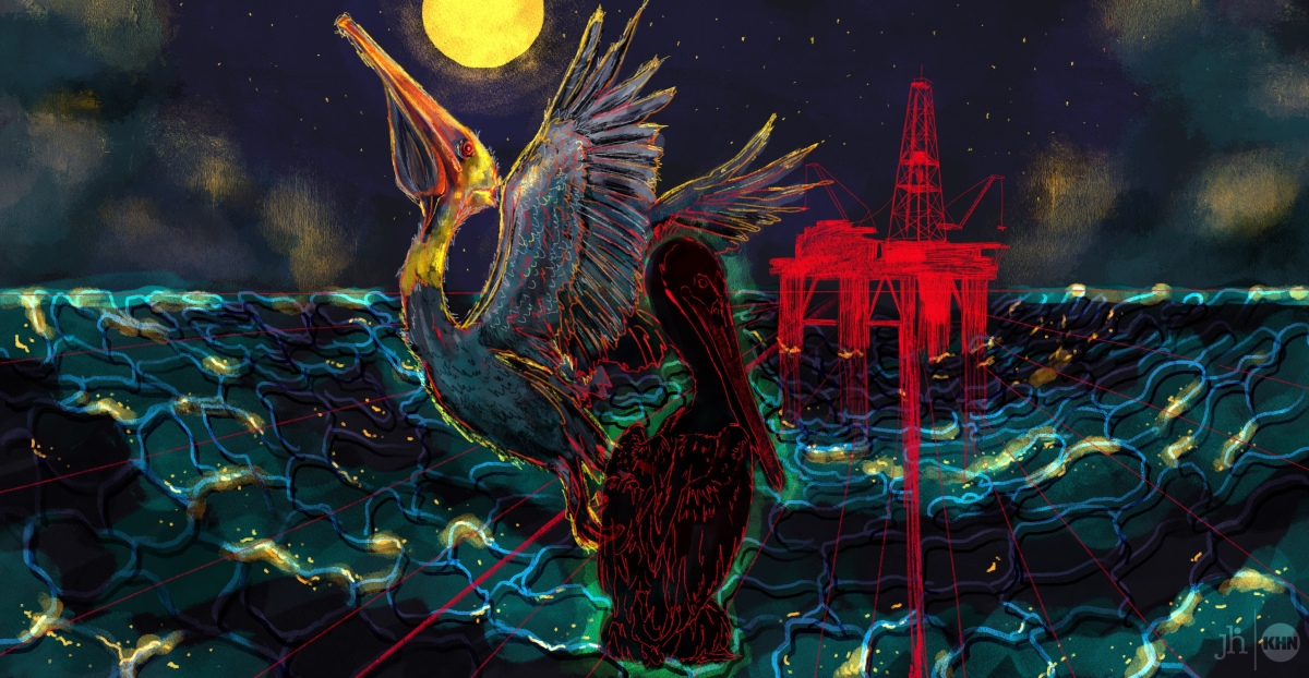 A digital illustration in watercolor and pencil. It is a nighttime scene. The artwork shows an off-shore oil rig, drawn in bright red pencil, out at sea. The water is dark black with hints of reflection from a full moon overhead. In the center of the image there are two Louisiana brown pelicans. One is taking flight, highlighted by the gold light of the moon. The other bird, which has its wings tightly closed, appears somewhat ghostly, drawn in red pencil over a black silhouette.