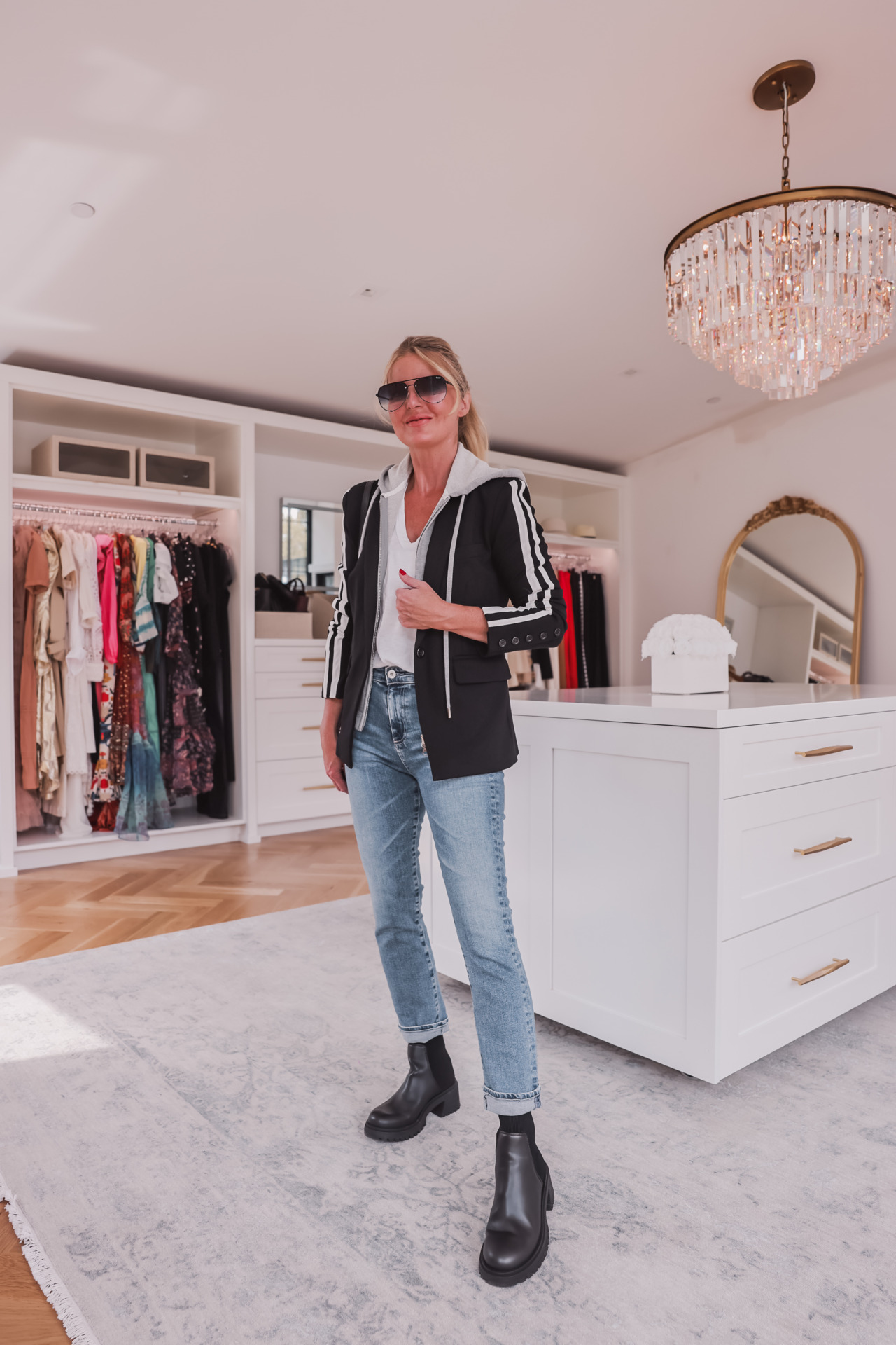 black booties, black booties under $100, lug sole booties, how to wear lug sole boots, how to style lug sole boots, fashion over 40, erin busbee, busbee style, telluride, Colorado, affordable black booties, trendy booties, on-trend boots, black booties low heel, black booties block heel, ag straight leg jeans, steve madden holley lug sole booties, liverpool hooded blazer, atm white v-neck tee, quay aviator sunglasses