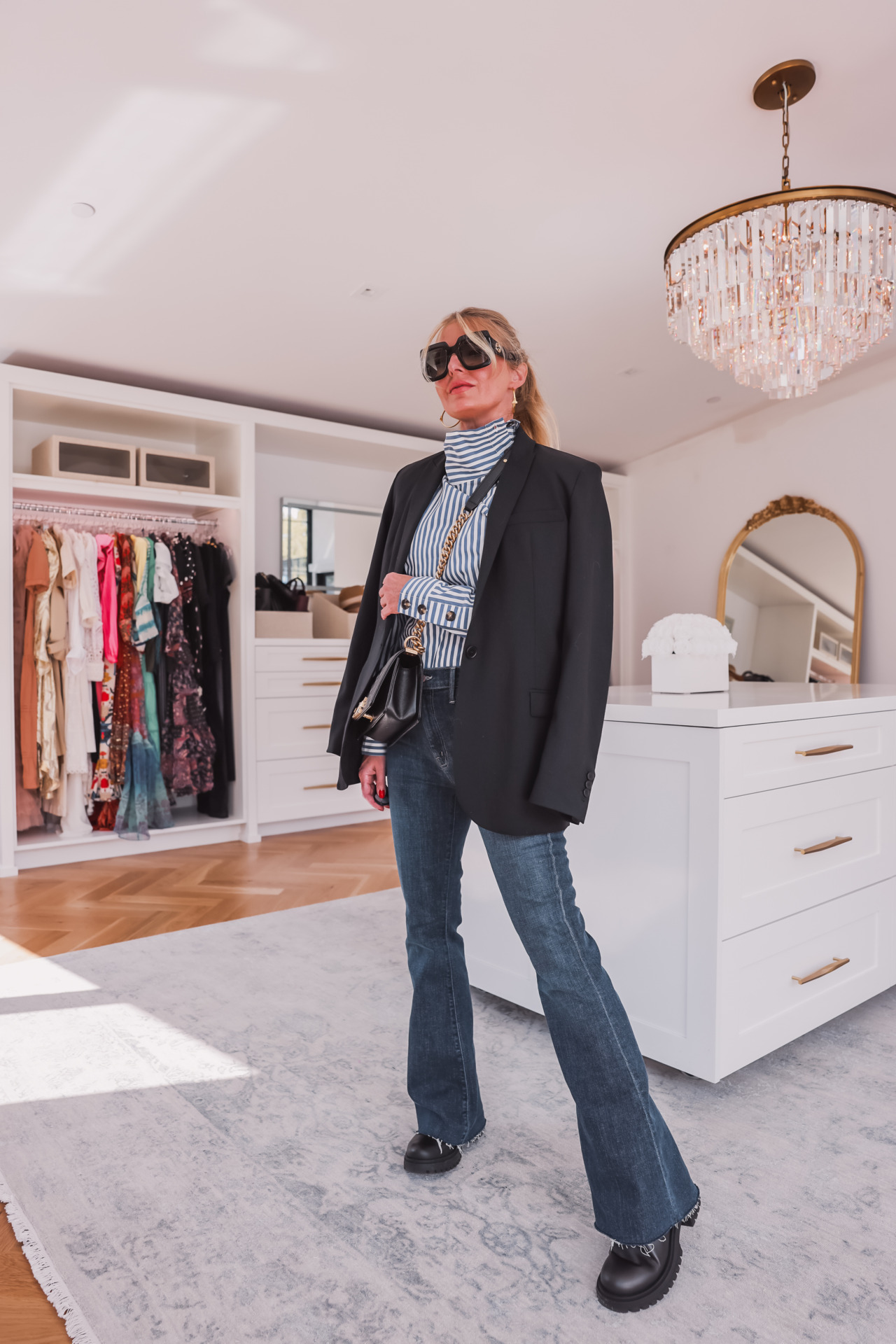 fall outfit ideas, fall outfit ideas 2022, easy fall outfit ideas, casual fall outfits, wedding guest dress ideas, fall outfits by occasion, fall events, what to wear to fall events, fall wedding guest dresses, what to wear to kids game, what to wear to school dropoff, school dropoff outfits, work from home outfits, what to wear dinner with friends, barbiecore trend, how to wear barbiecore trend, what to wear for travel, travel day outfit, gym to street style, fall beach outfit, erin busbee, busbee style, fashion over 40, veronica beard striped shirt, mother flare jeans, chanel boy bag, steve madden lug sole booties, lack booties, black booties under $100, lug sole booties, how to wear lug sole boots, how to style lug sole boots