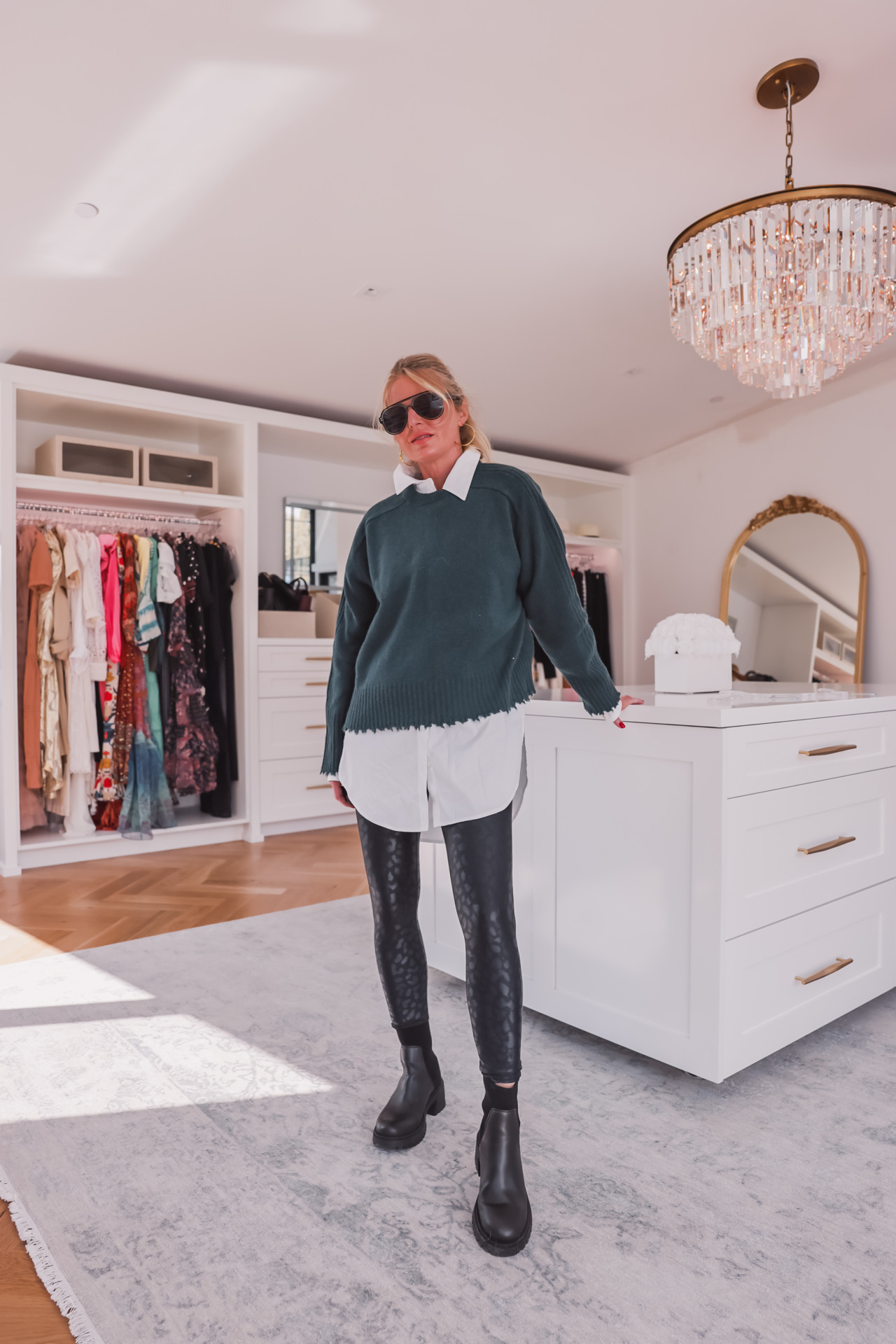 black booties, black booties under $100, lug sole booties, how to wear lug sole boots, how to style lug sole boots, fashion over 40, erin busbee, busbee style, telluride, Colorado, affordable black booties, trendy booties, on-trend boots, black booties low heel, black booties block heel, steve madden holley lug sole booties, green allsaints raw hem sweater, carbon38 black leopard leggings, open edit oversized white button down