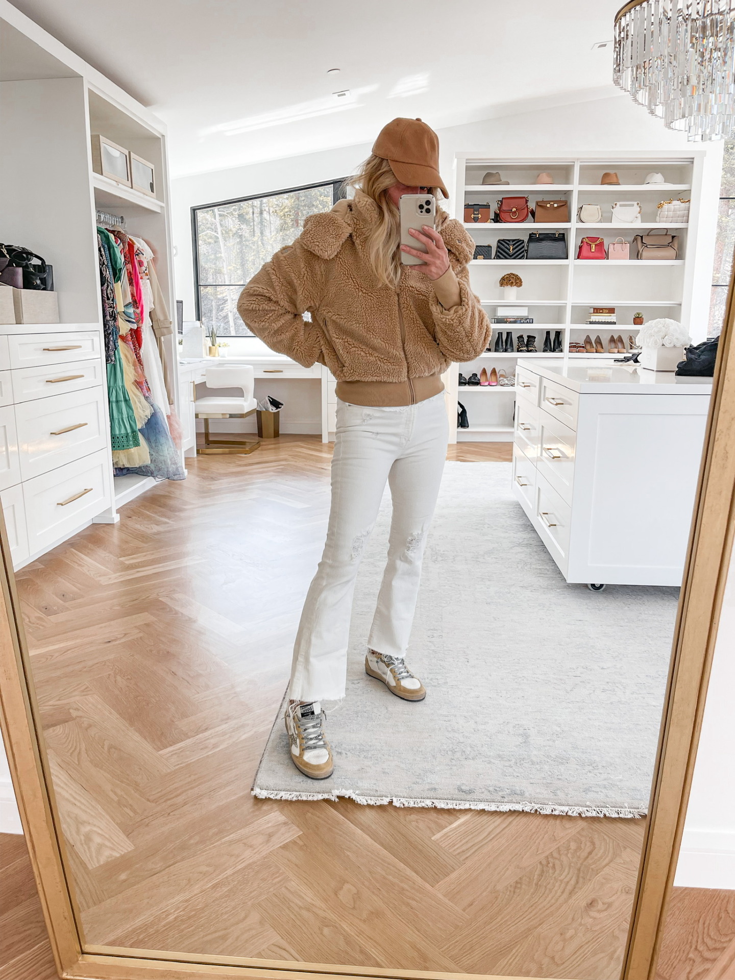 fall outfit ideas, fall outfit ideas 2022, easy fall outfit ideas, casual fall outfits, wedding guest dress ideas, fall outfits by occasion, fall events, what to wear to fall events, fall wedding guest dresses, what to wear to kids game, what to wear to school dropoff, school dropoff outfits, work from home outfits, what to wear dinner with friends, barbiecore trend, how to wear barbiecore trend, what to wear for travel, travel day outfit, gym to street style, fall beach outfit, erin busbee, busbee style, fashion over 40, alog yoga sherpa jacket, white mother jeans, tan suede baseball cap, golden goose sneakers