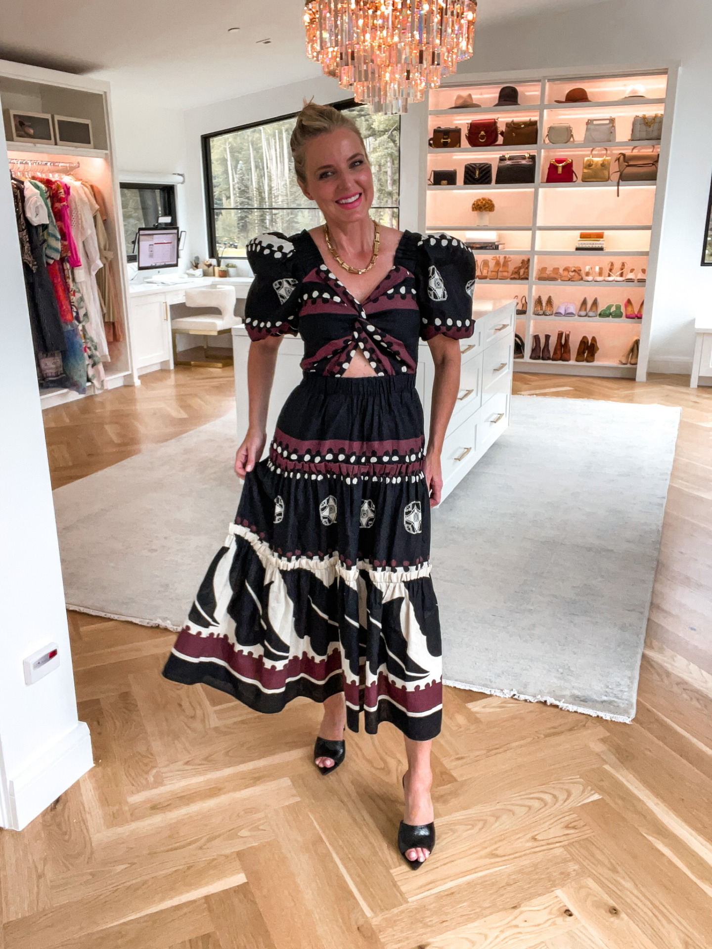 fall outfit ideas, fall outfit ideas 2022, easy fall outfit ideas, casual fall outfits, wedding guest dress ideas, fall outfits by occasion, fall events, what to wear to fall events, fall wedding guest dresses, what to wear to kids game, what to wear to school dropoff, school dropoff outfits, work from home outfits, what to wear dinner with friends, barbiecore trend, how to wear barbiecore trend, what to wear for travel, travel day outfit, gym to street style, fall beach outfit, erin busbee, busbee style, fashion over 40, sea black brown and white cutout midi dress