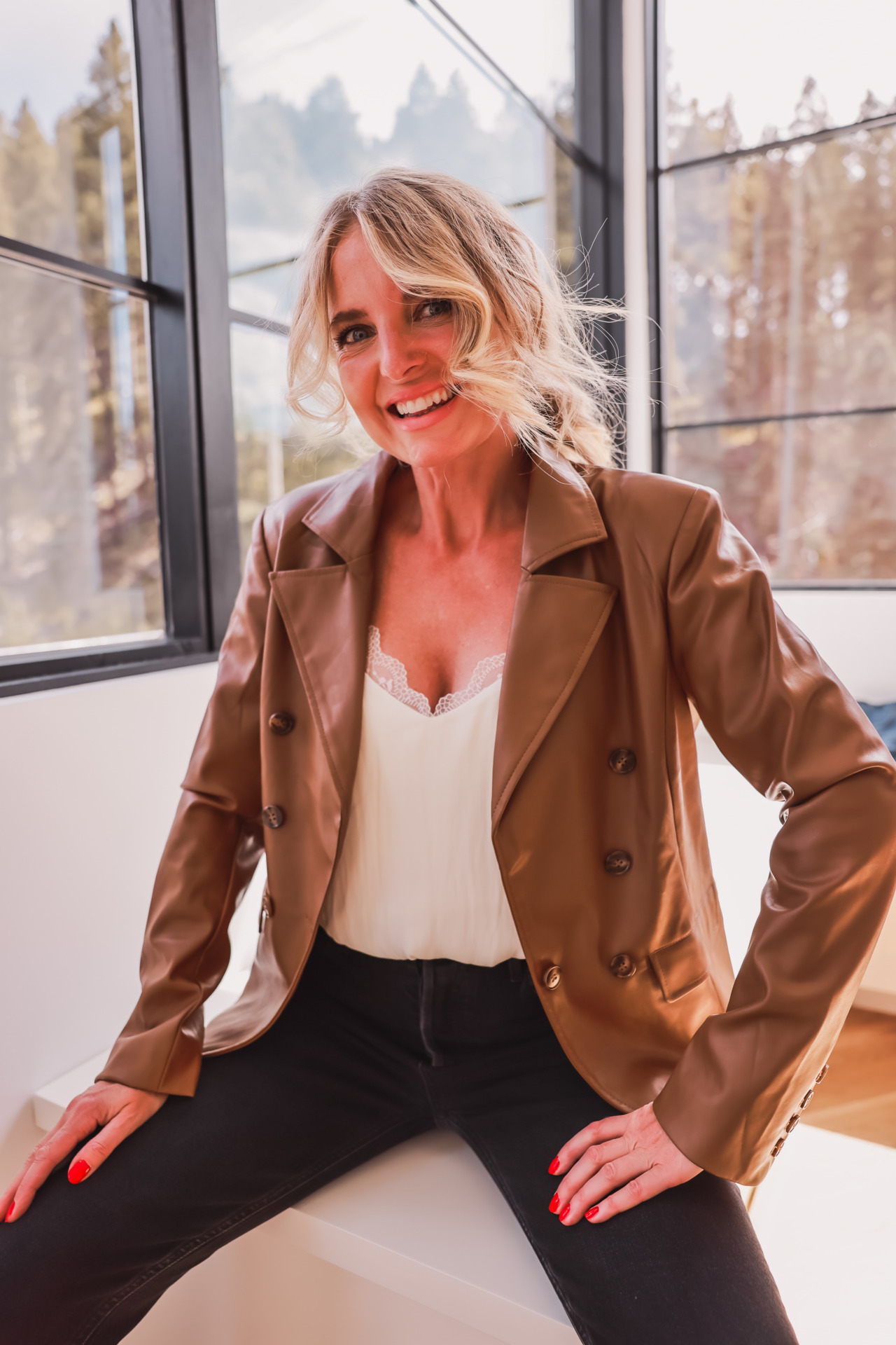 Casual outfits for women over 40, trendy clothes for 40 year old woman 2022, sexy outfits for women over 40, how to look sexy over 40, what to wear for date night over 40, 40 year old woman date night outfit, affordable outfits, black fitted sundry dress, dolce vita western inspired booties, evereve faux leather blazer, erin busbee, busbee style, fashion over 40, telluride, colorado, everve white lace camisole, sam edelman black mules, brown evereve faux leather blazer, black cropped agolde jeans