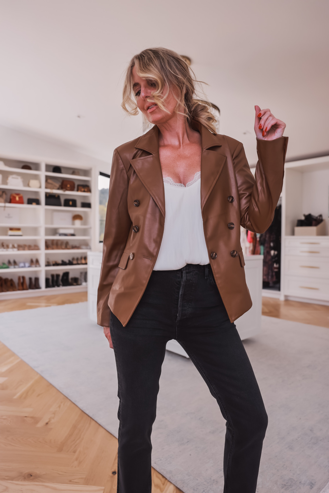 Casual outfits for women over 40, trendy clothes for 40 year old woman 2022, sexy outfits for women over 40, how to look sexy over 40, what to wear for date night over 40, 40 year old woman date night outfit, affordable outfits, black fitted sundry dress, dolce vita western inspired booties, evereve faux leather blazer, erin busbee, busbee style, fashion over 40, telluride, colorado, everve white lace camisole, sam edelman black mules, brown evereve faux leather blazer, black cropped agolde jeans