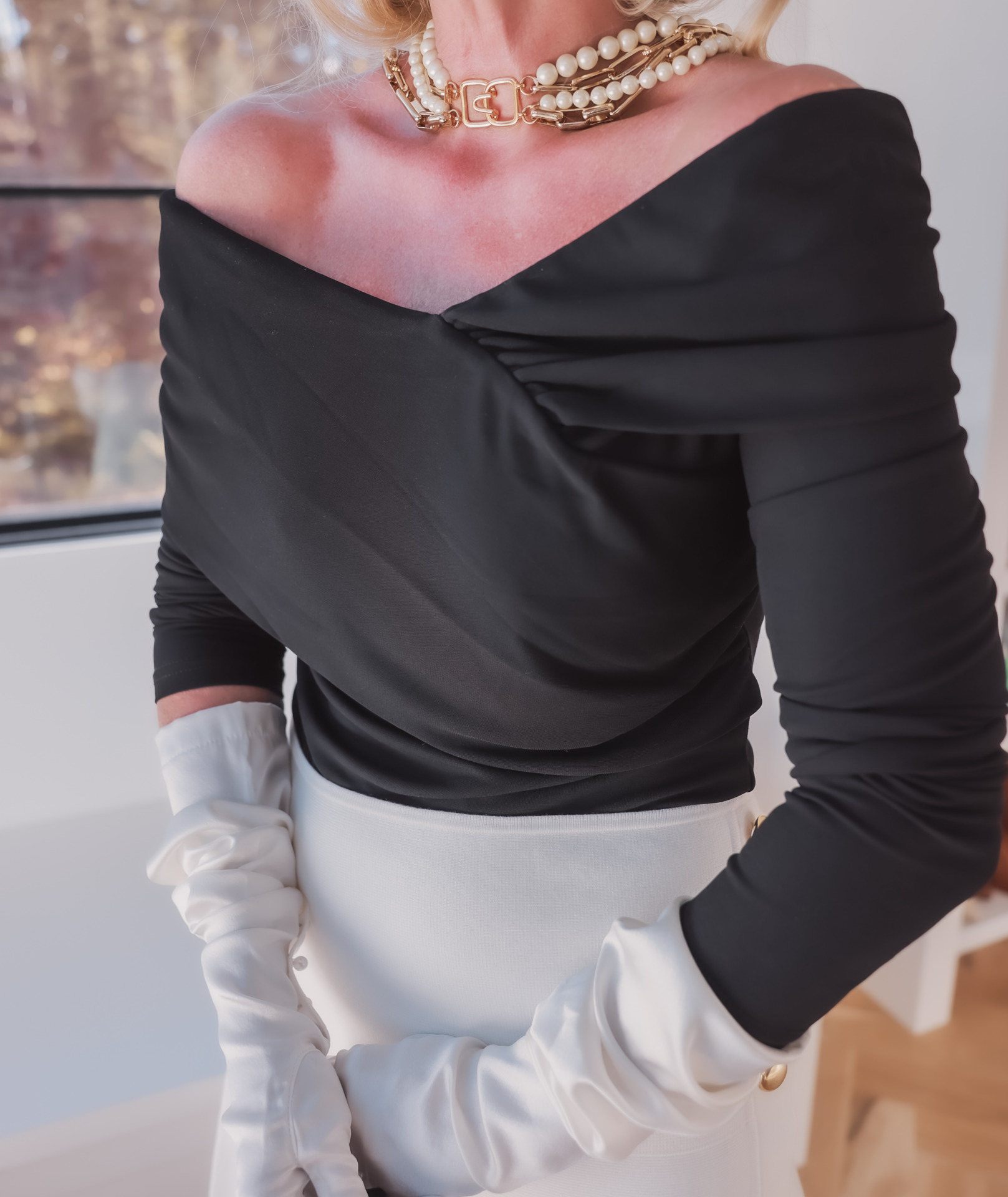 simple halloween costume, easy halloween costume, Grace Kelly Halloween costume, last-minute Halloween costume, elegant Halloween costume, sophisticated Halloween costume, stylish Halloween costume, classy Halloween costume, simple halloween costume for women, women over 40 halloween costume, best Halloween costumes, Halloween costume 2022, erin busbee, busbee style, fashion over 40, telluride, Colorado, Phillip Lim white midi skirt, DKNY black bodysuit, jimmy choo romy pumps, Kenneth jay lane pearl necklace, caroline amato white silk gloves